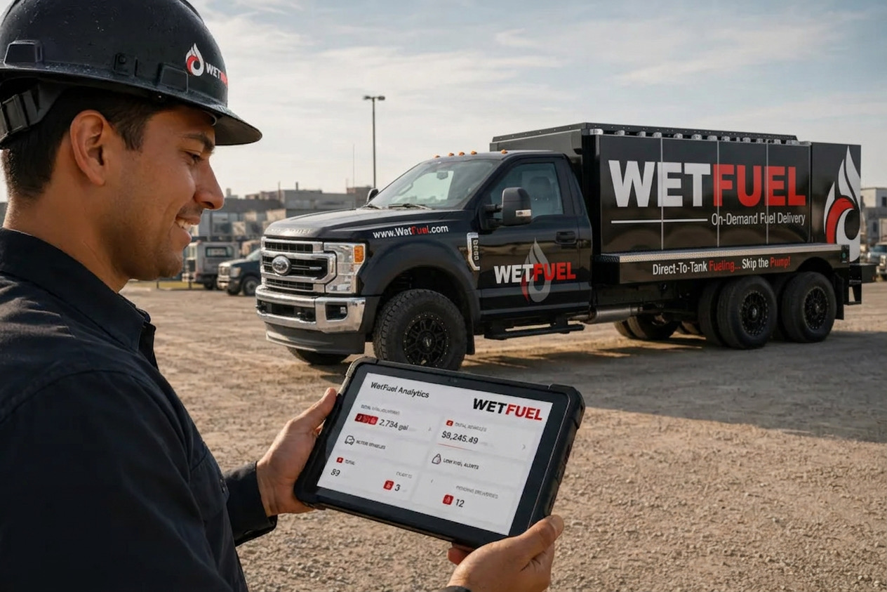 WetFuel operator reviewing fleet analytics beside a mobile fueling truck